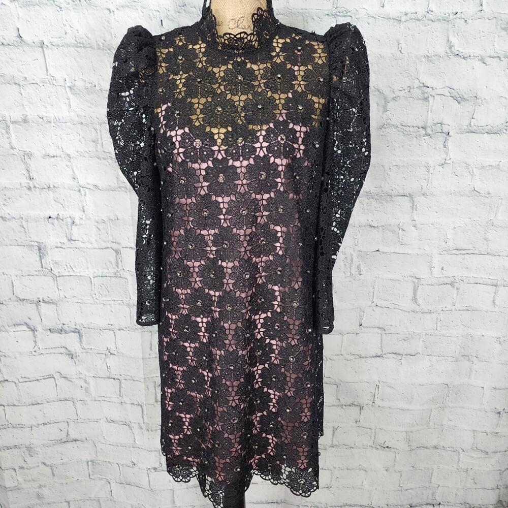 Kate Spade embellished floral lace dress Sz S mock neck mini black cltc